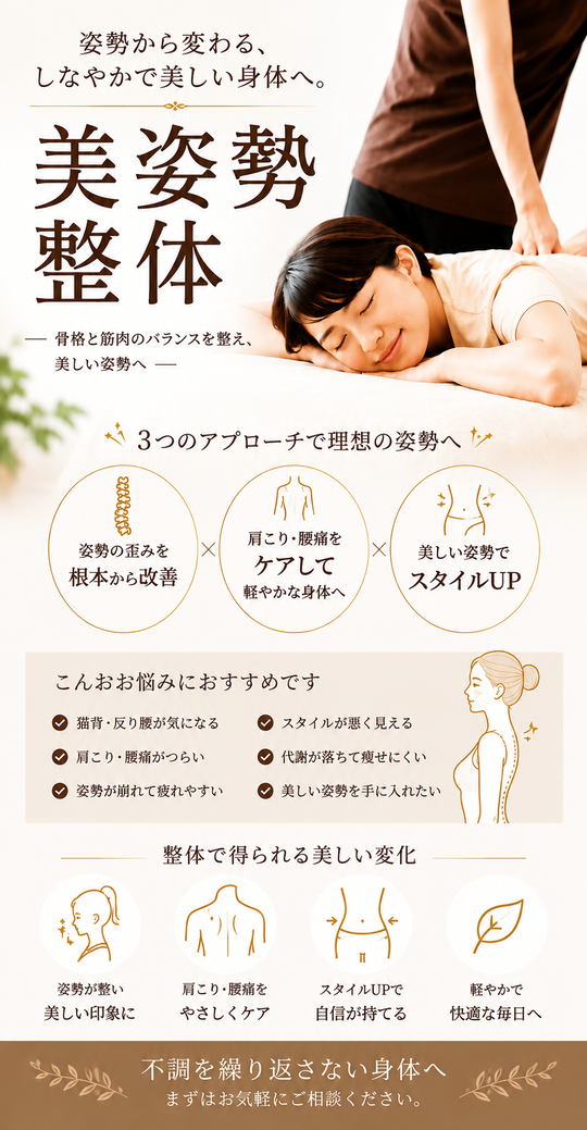 太田市で骨格から美しくなれる美容整体、骨盤矯正ならスタイルケア整体